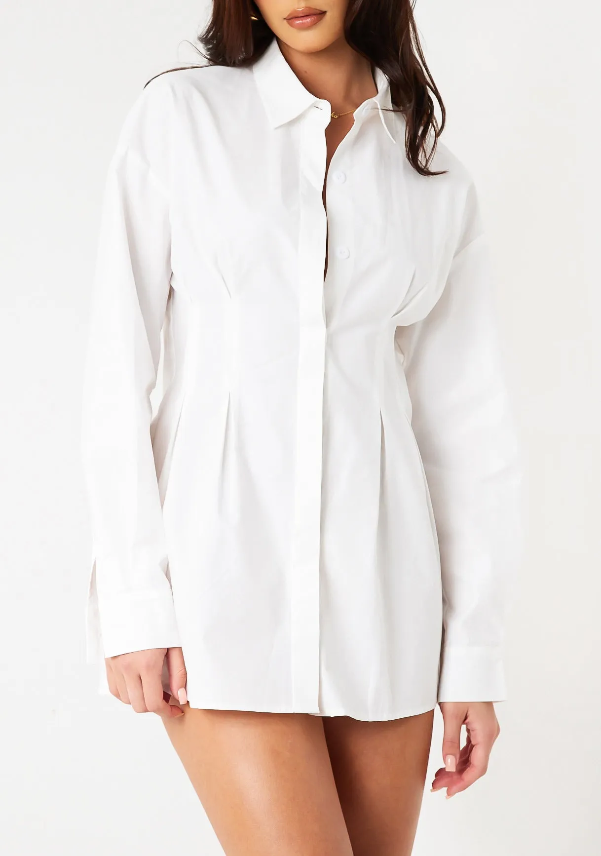 Maylah White Cinched Waist Mini Shirt Dress