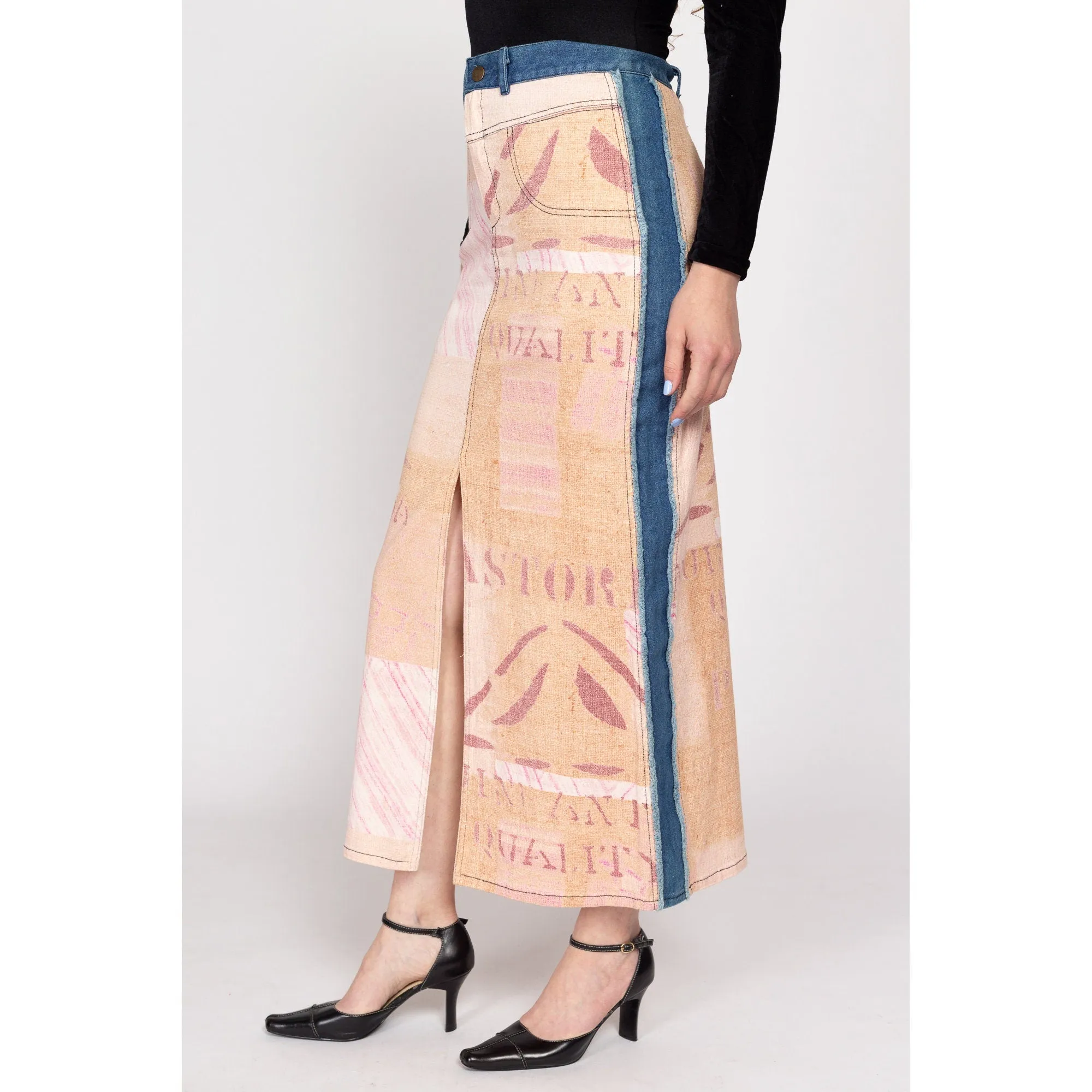 Medium 90s Y2K Feedsack Print Denim Maxi Skirt