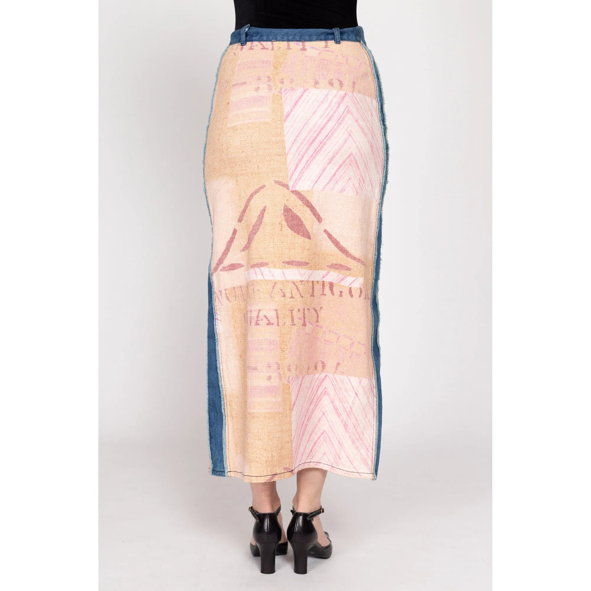 Medium 90s Y2K Feedsack Print Denim Maxi Skirt
