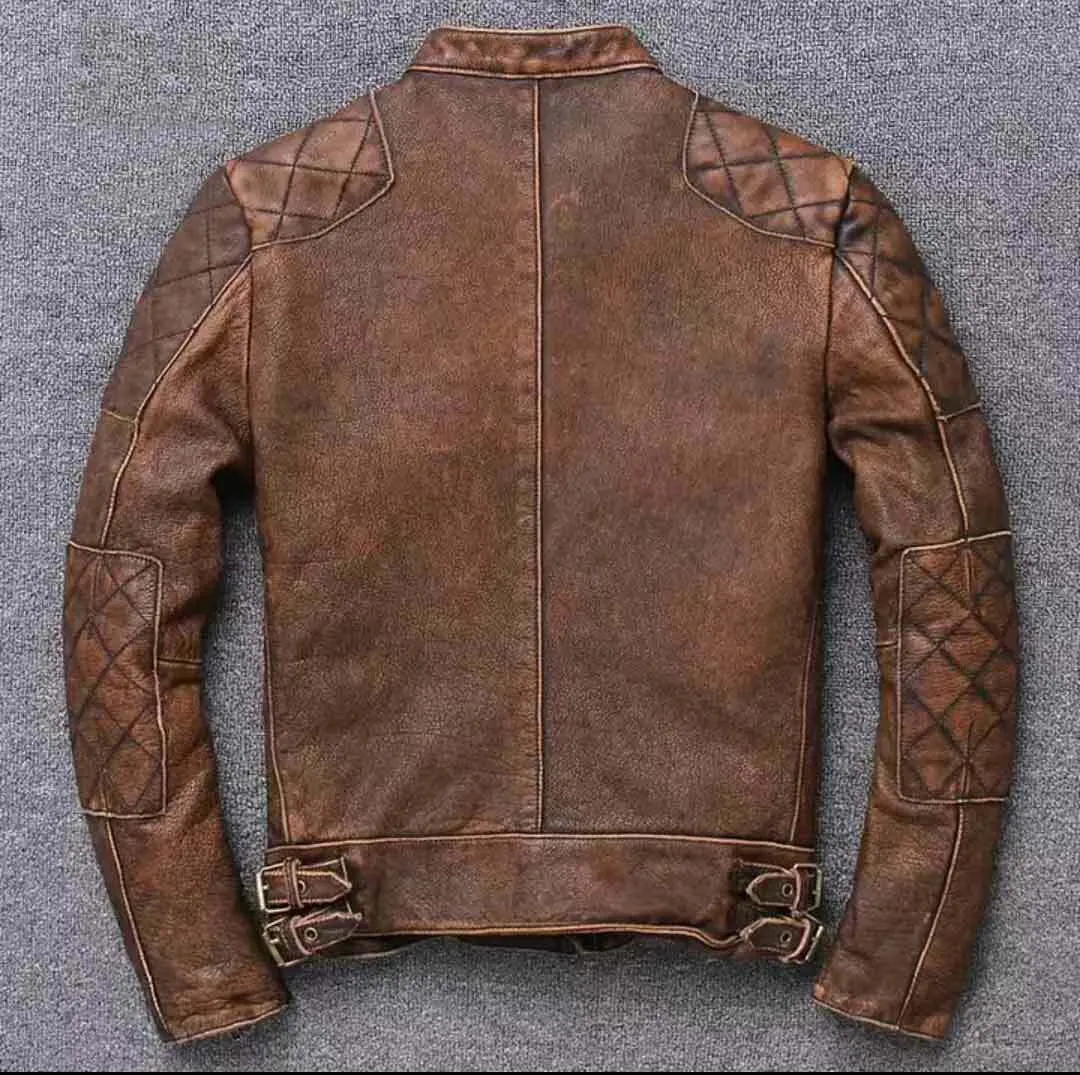 MEN'S BIKER VINTAGE TAN CAFÉ RACER DISTRESSED GENUINE REAL LEATHER JACKET QUALITY