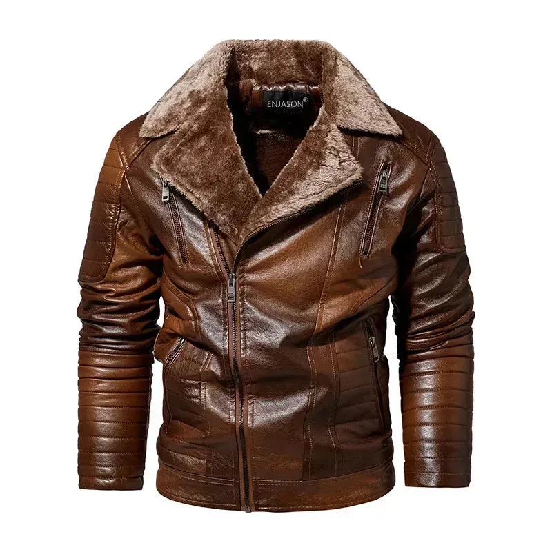 Men's Winter Leather Motorcycle Jacket with Fur Collar