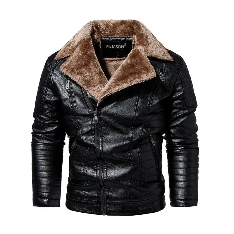 Men's Winter Leather Motorcycle Jacket with Fur Collar