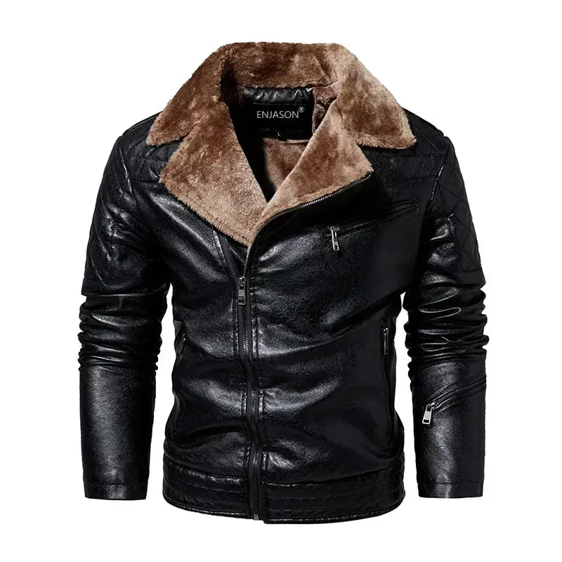 Men's Winter Leather Motorcycle Jacket with Fur Collar