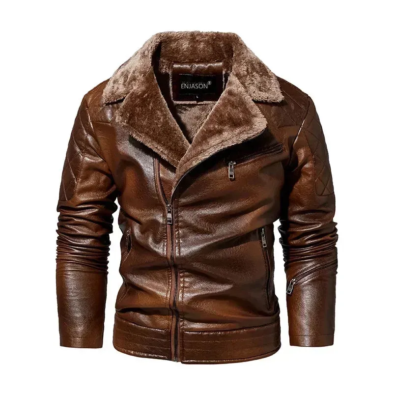 Men's Winter Leather Motorcycle Jacket with Fur Collar