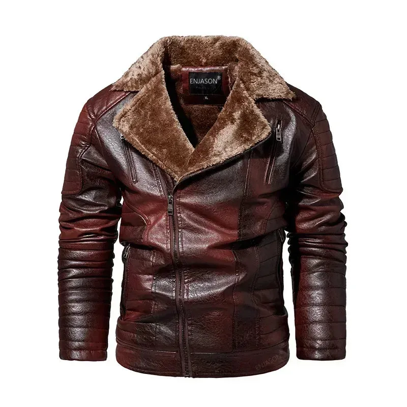 Men's Winter Leather Motorcycle Jacket with Fur Collar