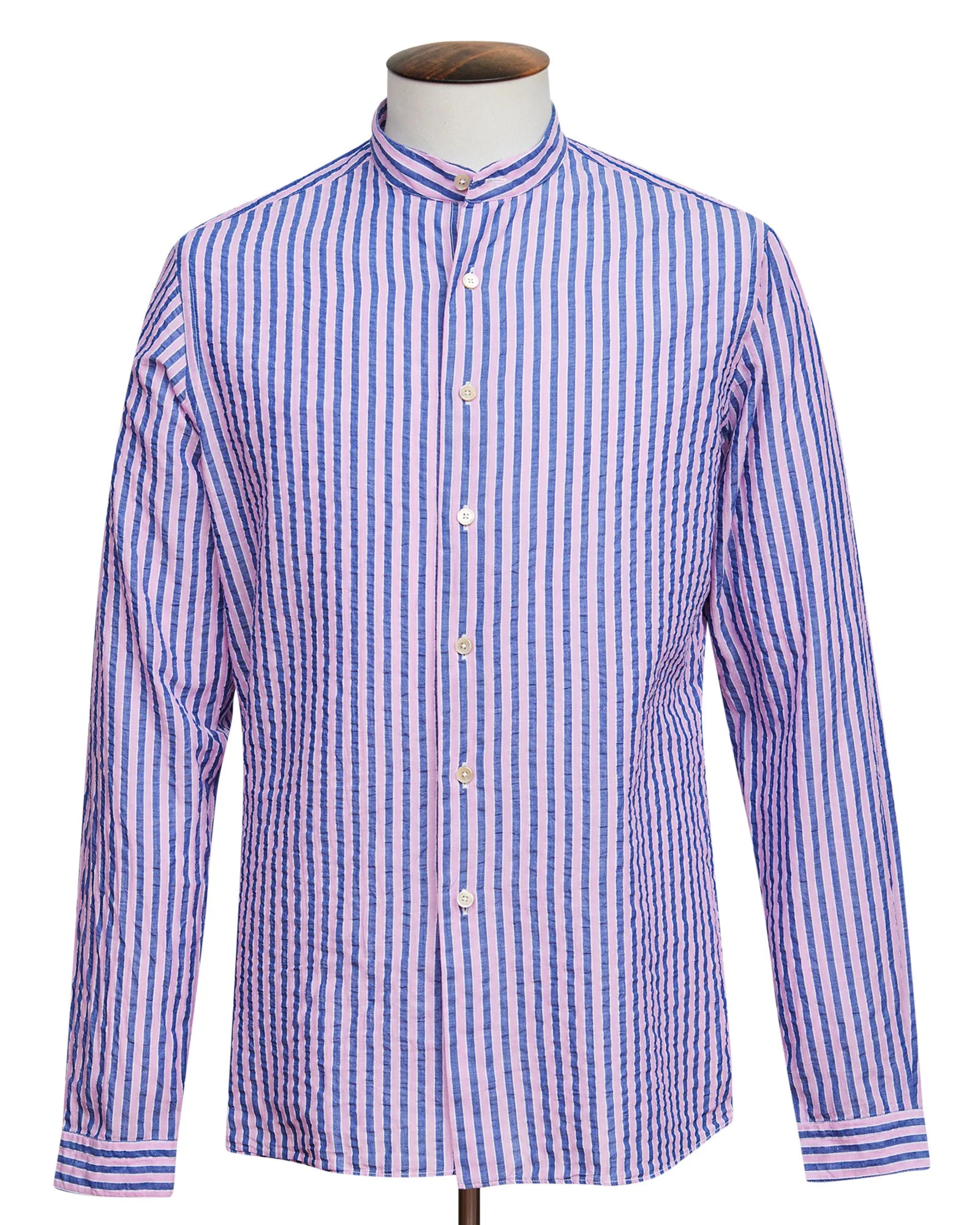 Navy & Rose Stripe Mandarin Collar Shirt