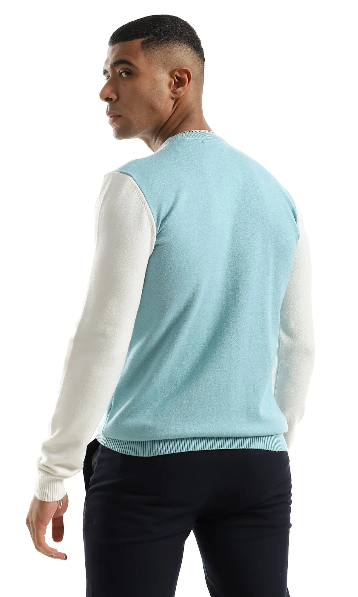 O158729 Simple Bi-Tone Soft Round Neck Pestal Blue & Off White Pullover