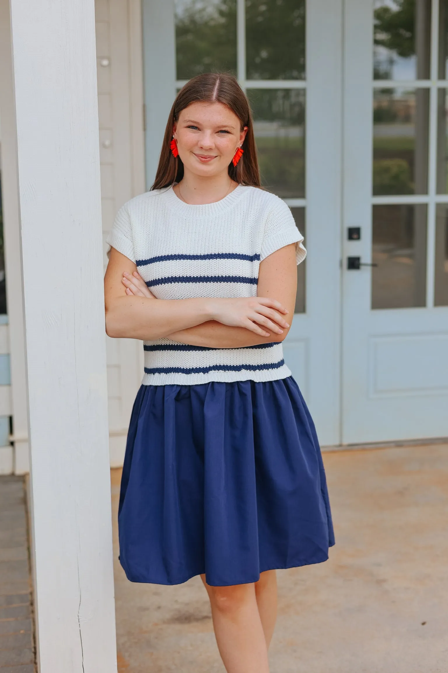 Off White and Navy Sweater Dress
