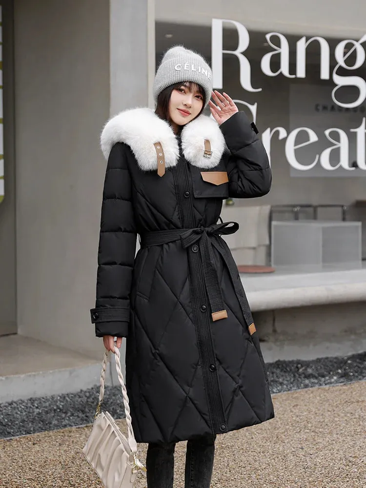 Padded Quilted Women's Long Coat Boutique Style Winter Coat Big Faux Fur Collar Long Warm Puffer Jacket With Belt