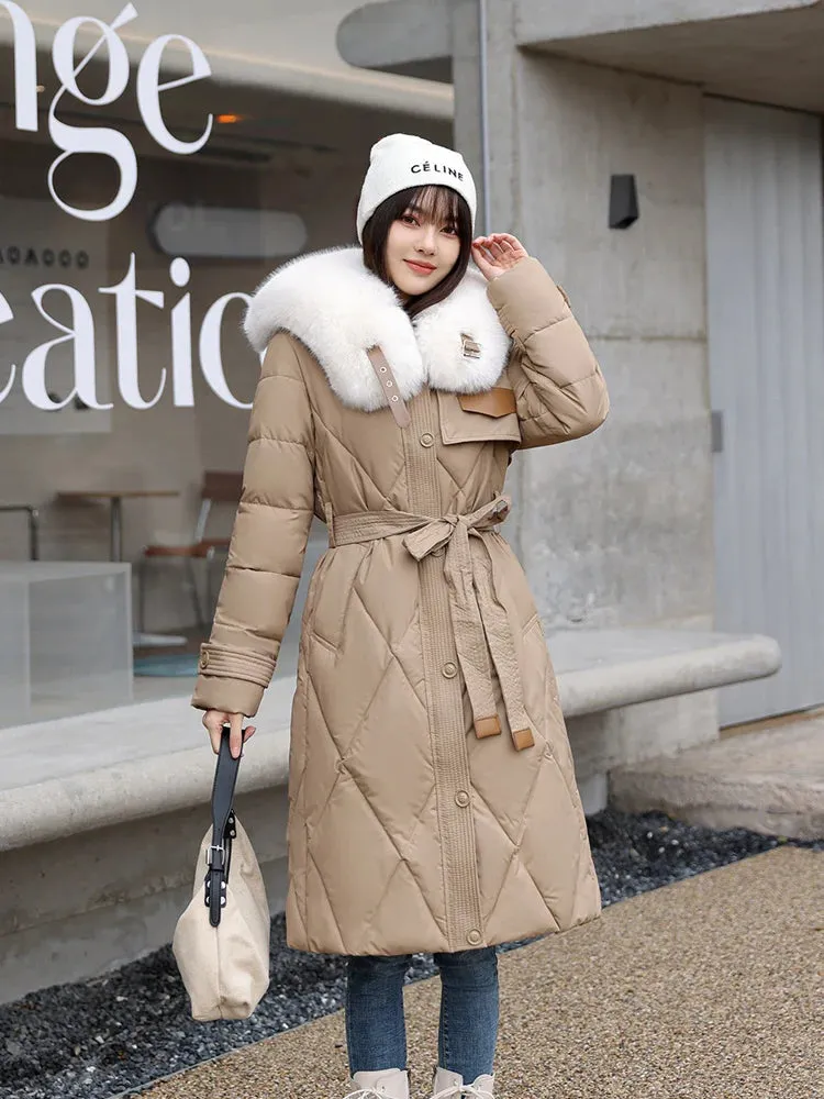 Padded Quilted Women's Long Coat Boutique Style Winter Coat Big Faux Fur Collar Long Warm Puffer Jacket With Belt
