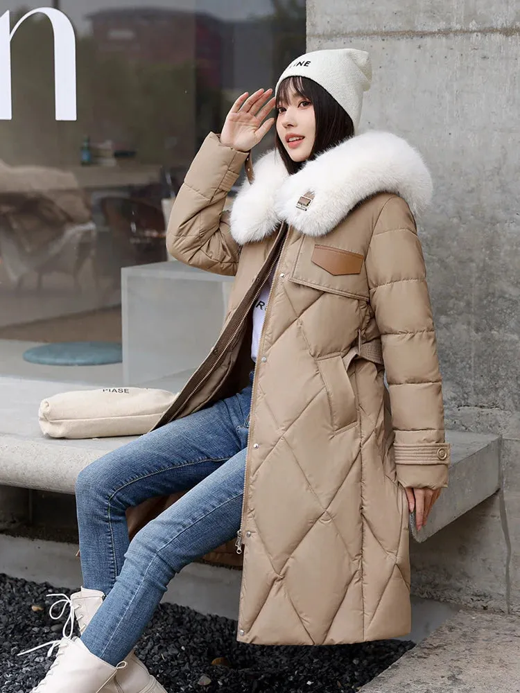 Padded Quilted Women's Long Coat Boutique Style Winter Coat Big Faux Fur Collar Long Warm Puffer Jacket With Belt
