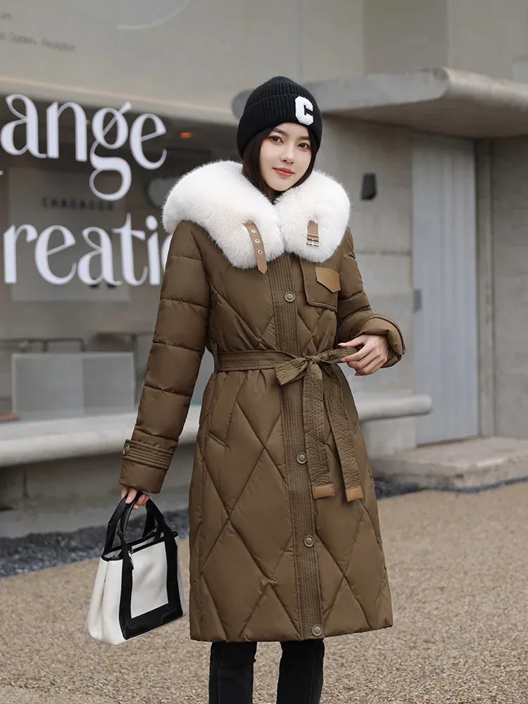 Padded Quilted Women's Long Coat Boutique Style Winter Coat Big Faux Fur Collar Long Warm Puffer Jacket With Belt