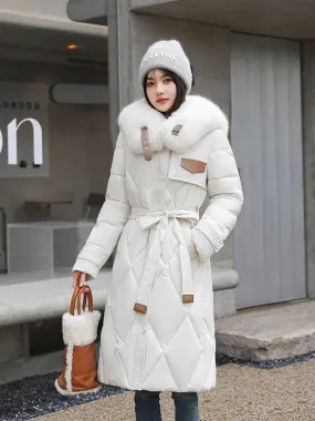 Padded Quilted Women's Long Coat Boutique Style Winter Coat Big Faux Fur Collar Long Warm Puffer Jacket With Belt