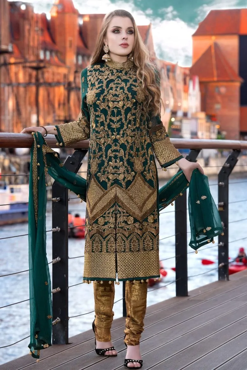Pakistani designer zardozi embroidered dress in green color # P2309