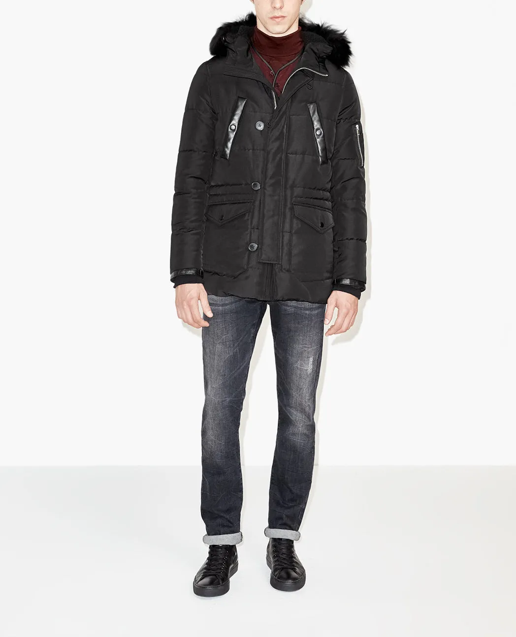 Parka à capuche en fourrure et détails cuir