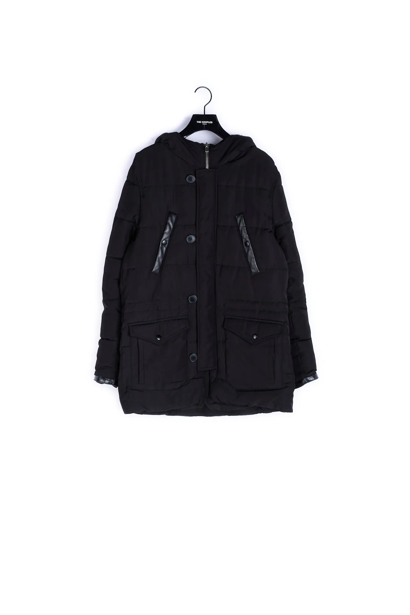 Parka à capuche en fourrure et détails cuir