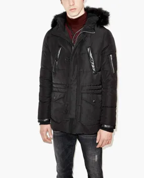 Parka à capuche en fourrure et détails cuir