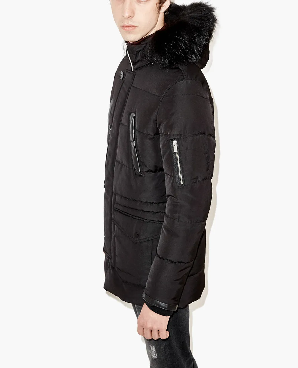 Parka à capuche en fourrure et détails cuir