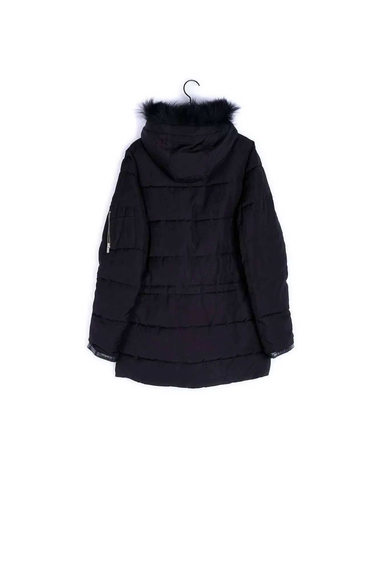 Parka à capuche en fourrure et détails cuir