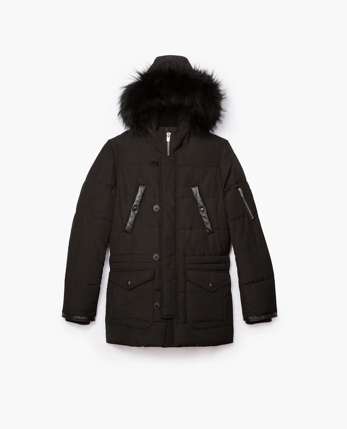 Parka à capuche en fourrure et détails cuir
