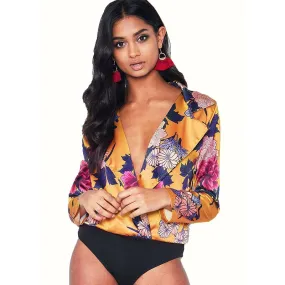Petra Yellow Floral Wrap Short Coat #Long Sleeve #Printed #Turn-Down Collar