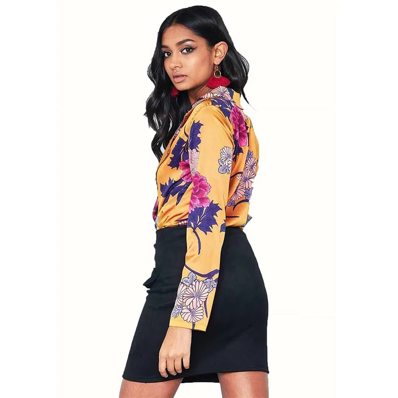 Petra Yellow Floral Wrap Short Coat #Long Sleeve #Printed #Turn-Down Collar