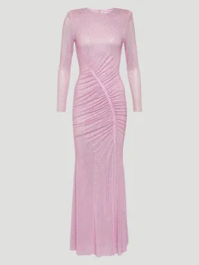 Pink Rhinestone Mesh Maxi Dress