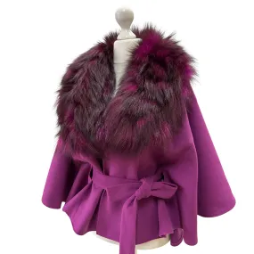 Purple Belted Feminine Overcoat Cape Coat Detachable fox fur collar