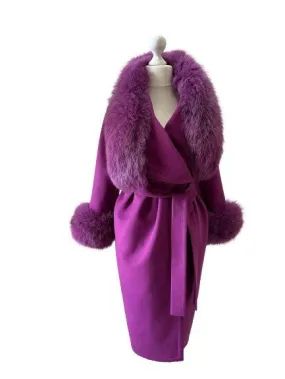 Purple Wrap Elegant Women coat, Long Belted Feminine Overcoat Trim Fox Fur, Cashmere Woolen blend Coat Wrap