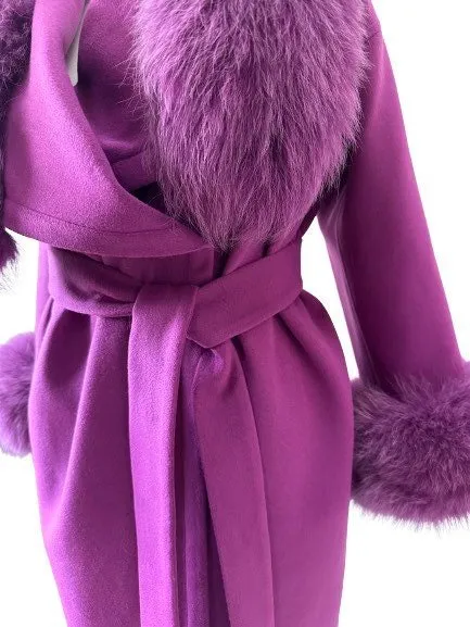 Purple Wrap Elegant Women coat, Long Belted Feminine Overcoat Trim Fox Fur, Cashmere Woolen blend Coat Wrap