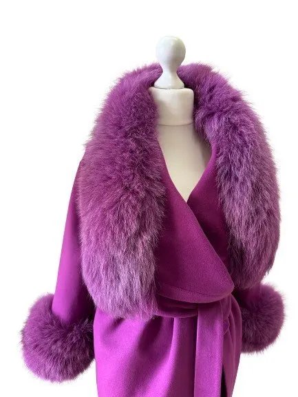 Purple Wrap Elegant Women coat, Long Belted Feminine Overcoat Trim Fox Fur, Cashmere Woolen blend Coat Wrap