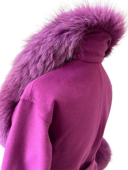 Purple Wrap Elegant Women coat, Long Belted Feminine Overcoat Trim Fox Fur, Cashmere Woolen blend Coat Wrap