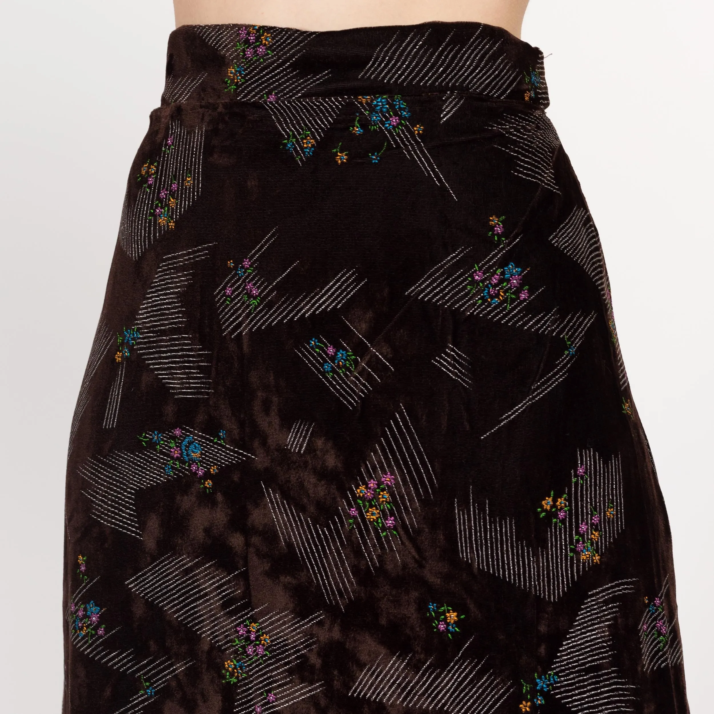 Small 70s Abstract Floral Dark Brown Velvet Maxi Skirt 27"