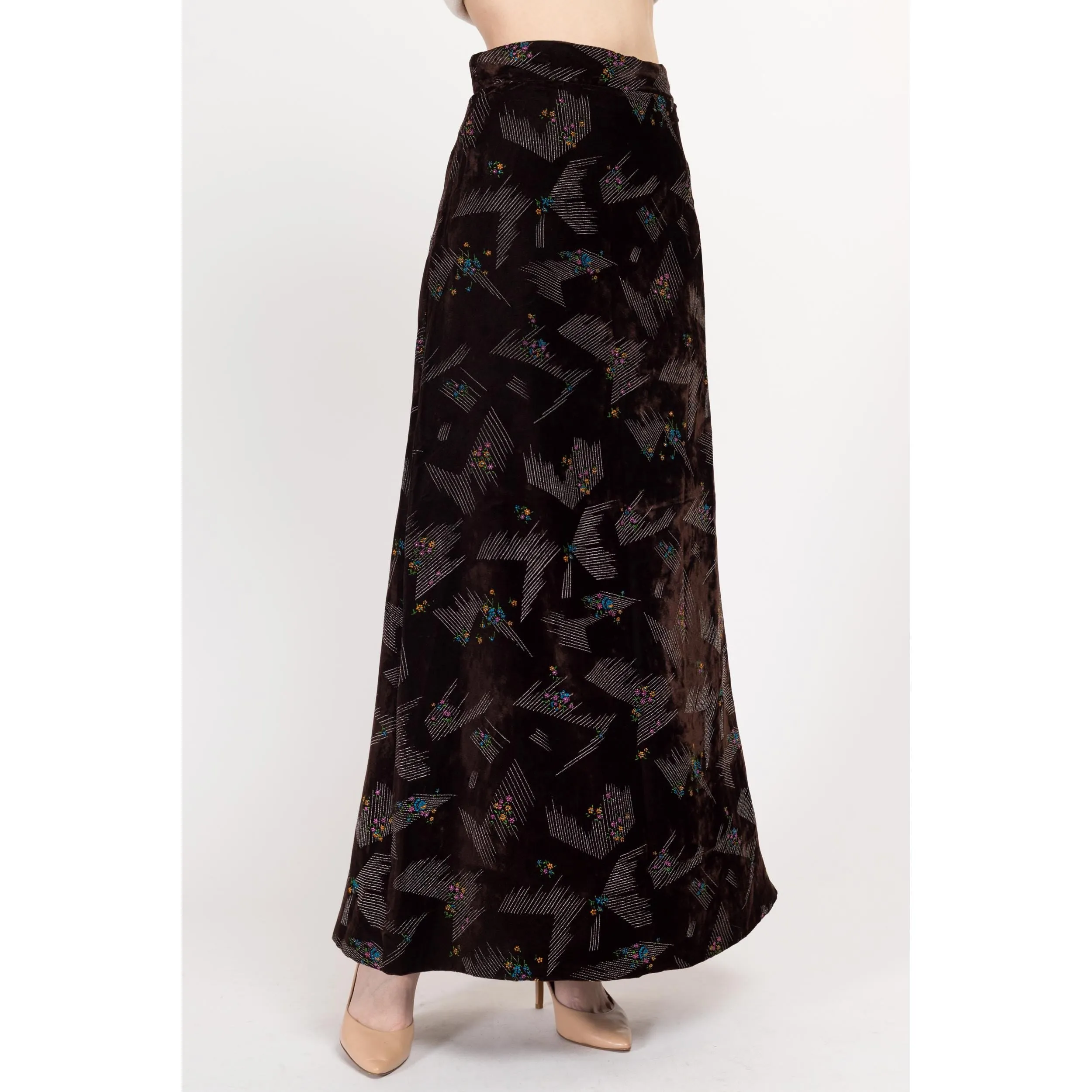 Small 70s Abstract Floral Dark Brown Velvet Maxi Skirt 27"