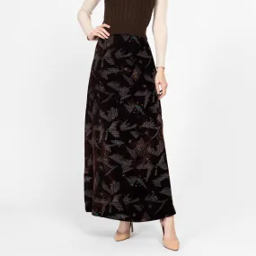 Small 70s Abstract Floral Dark Brown Velvet Maxi Skirt 27"