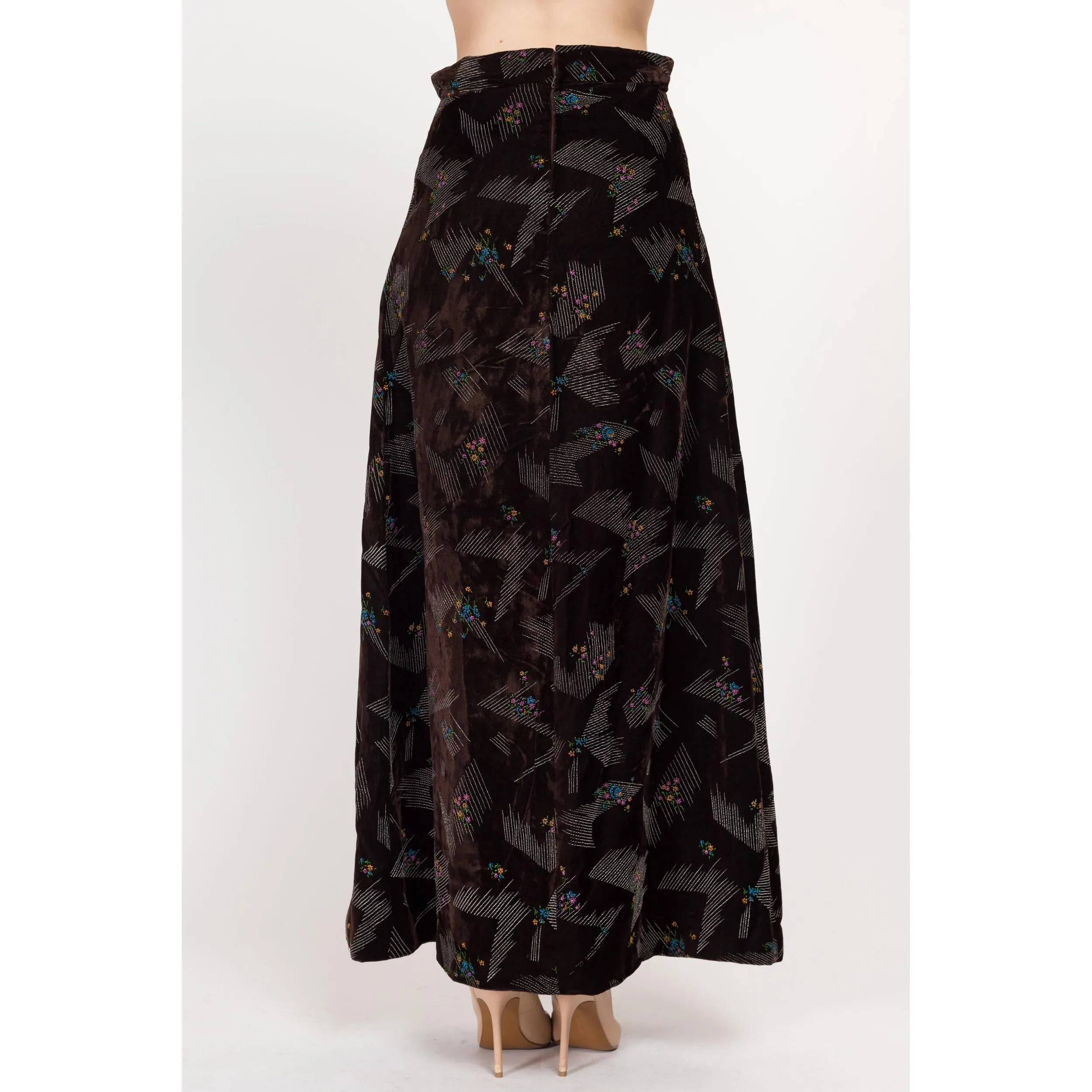 Small 70s Abstract Floral Dark Brown Velvet Maxi Skirt 27"