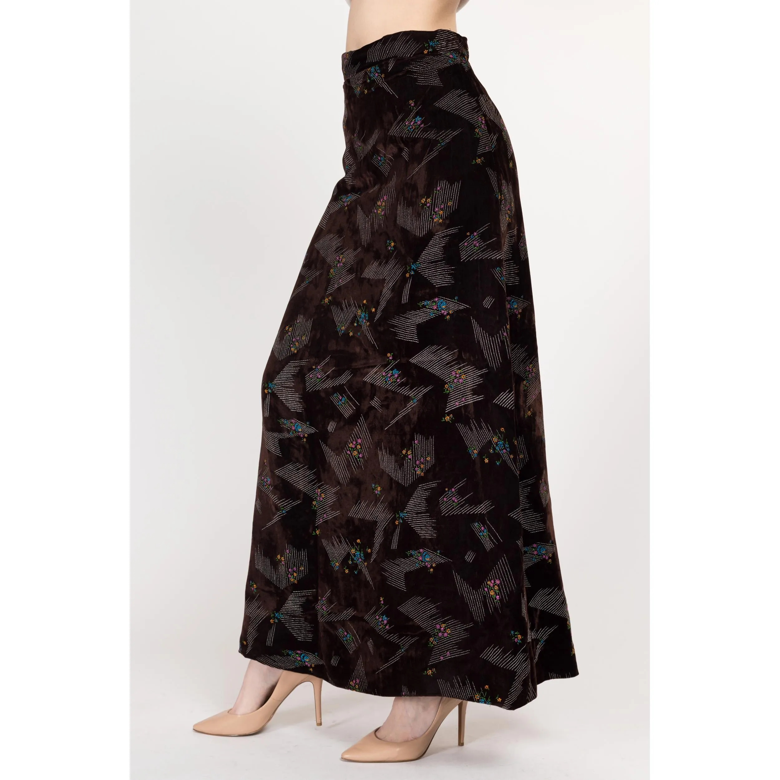 Small 70s Abstract Floral Dark Brown Velvet Maxi Skirt 27"