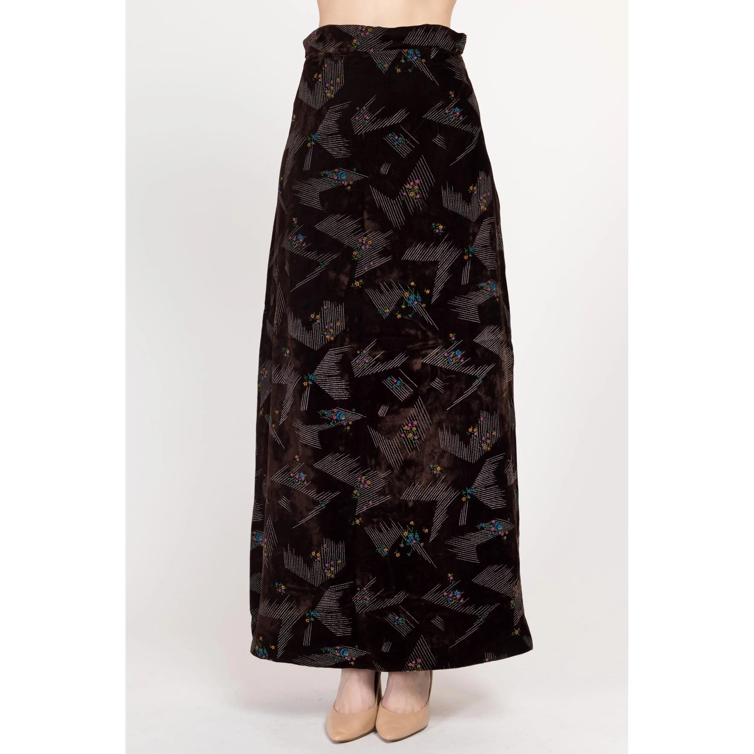 Small 70s Abstract Floral Dark Brown Velvet Maxi Skirt 27"