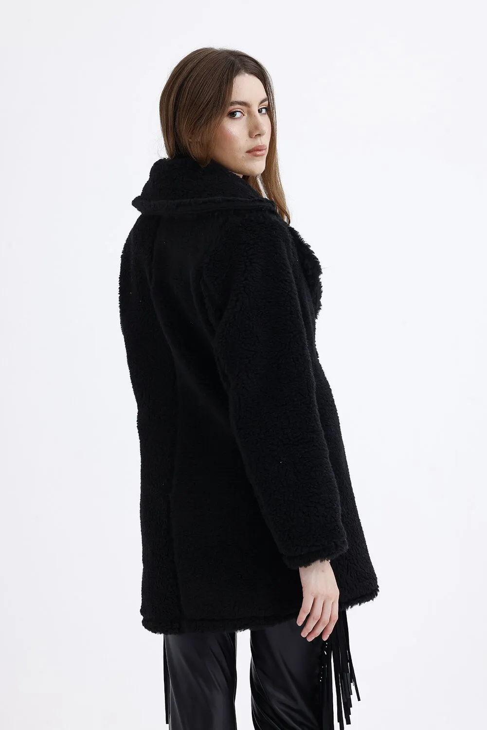 SNS Sense Black Lined Double-Breasted Fur Coat - Geldern