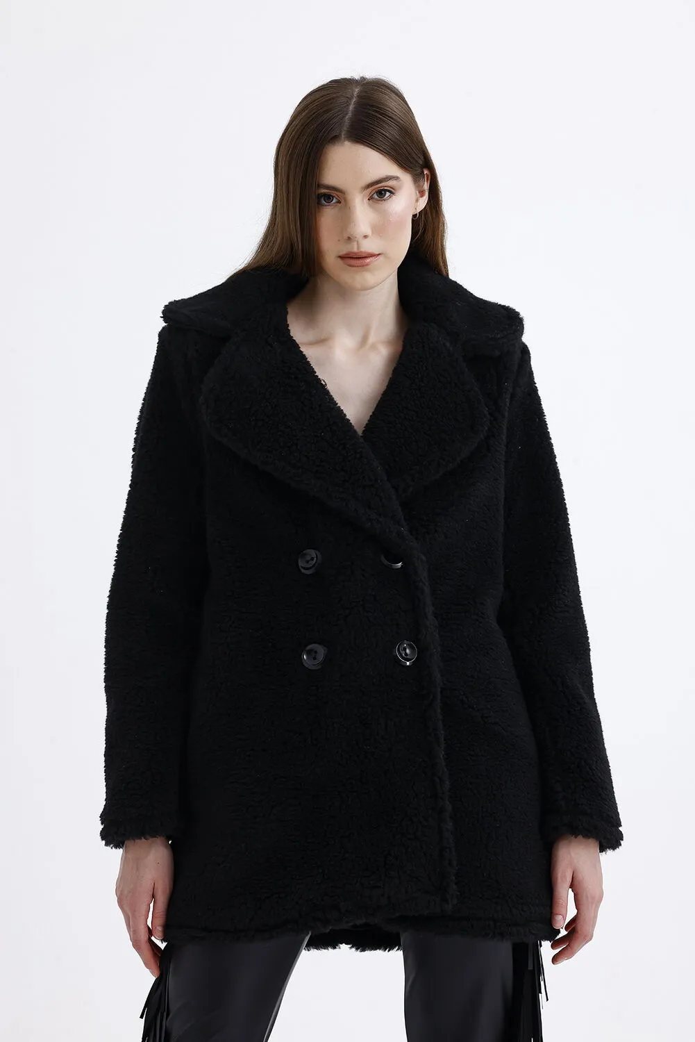 SNS Sense Black Lined Double-Breasted Fur Coat - Geldern