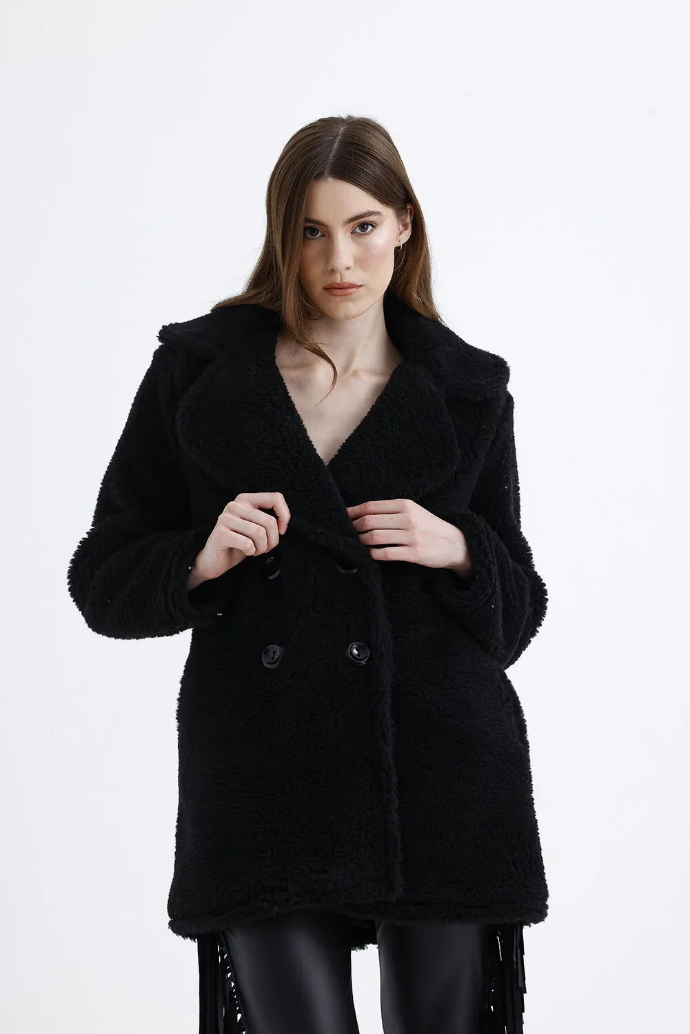 SNS Sense Black Lined Double-Breasted Fur Coat - Geldern
