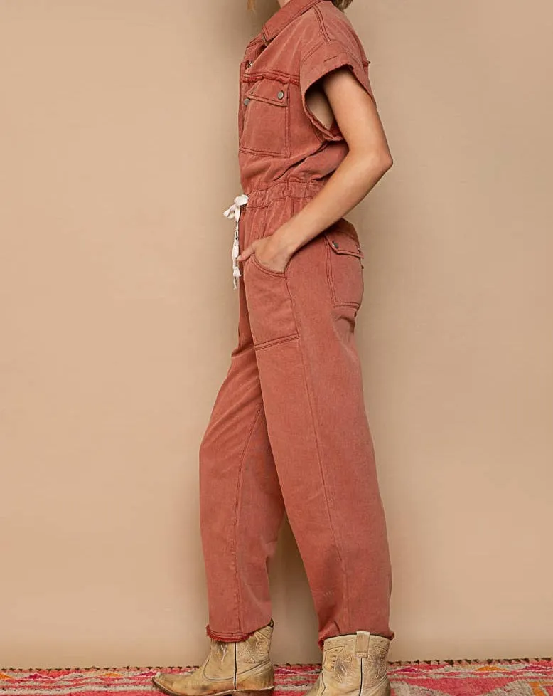 Sofia Short Sleeve Utility Jumpsuit: BRICK LAST ONE! By Pol