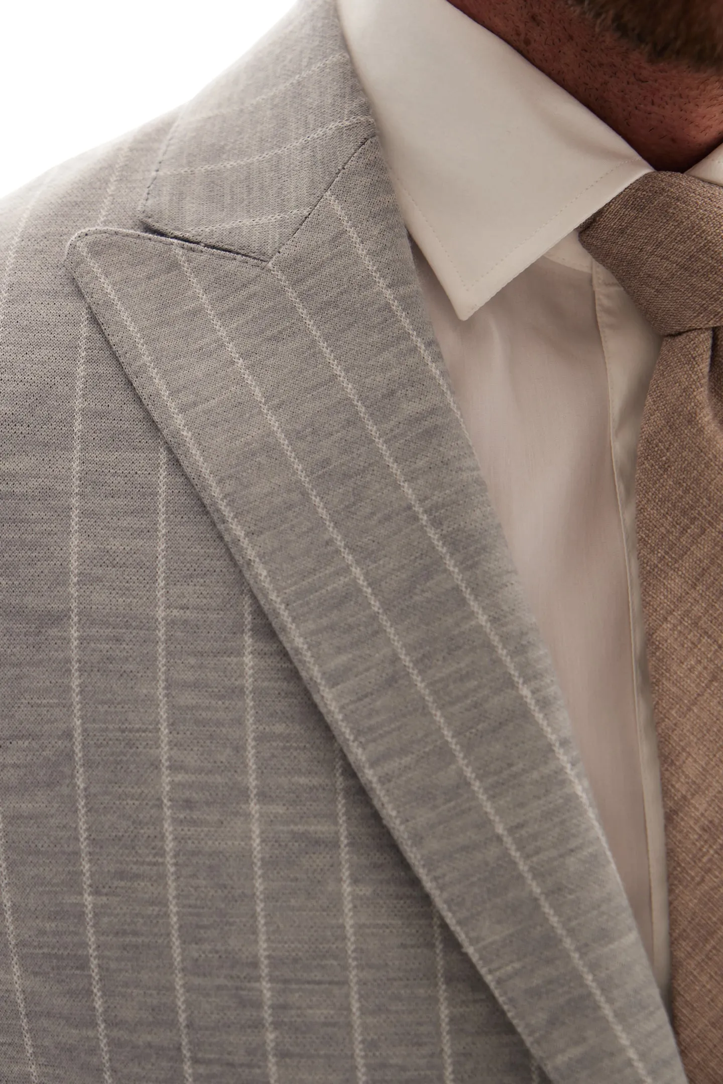 Soft Cloth Peak Lapel Blazer in Pinstripe Jersey - Silver