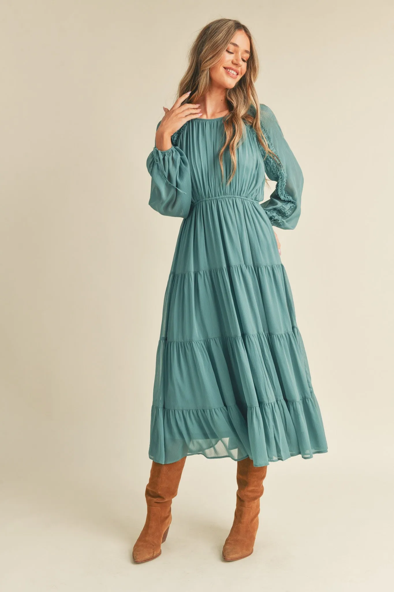 Teal Blue Ruffle Sleeve Chiffon Midi Dress