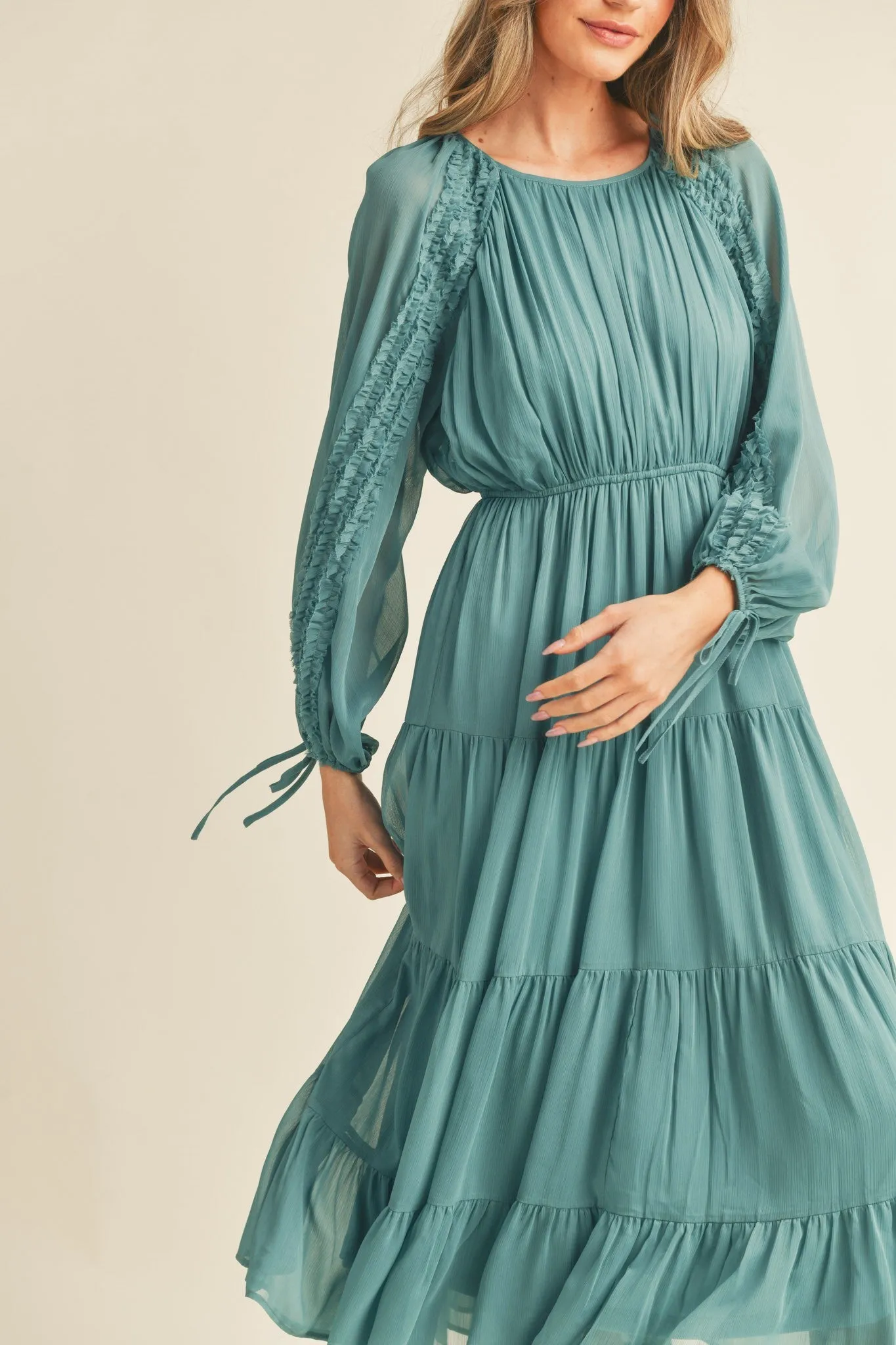 Teal Blue Ruffle Sleeve Chiffon Midi Dress