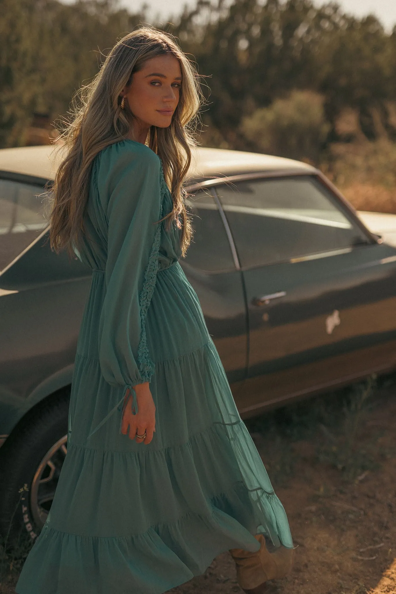 Teal Blue Ruffle Sleeve Chiffon Midi Dress