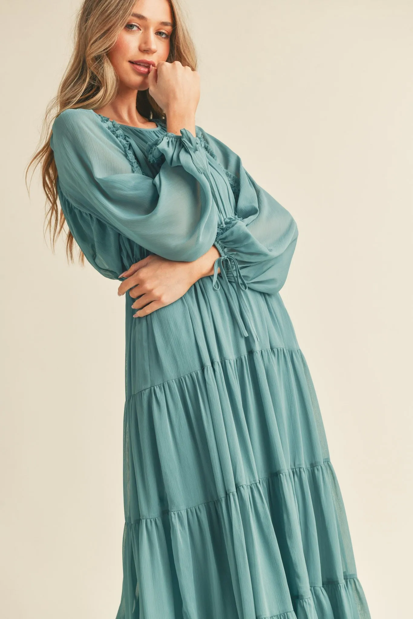 Teal Blue Ruffle Sleeve Chiffon Midi Dress