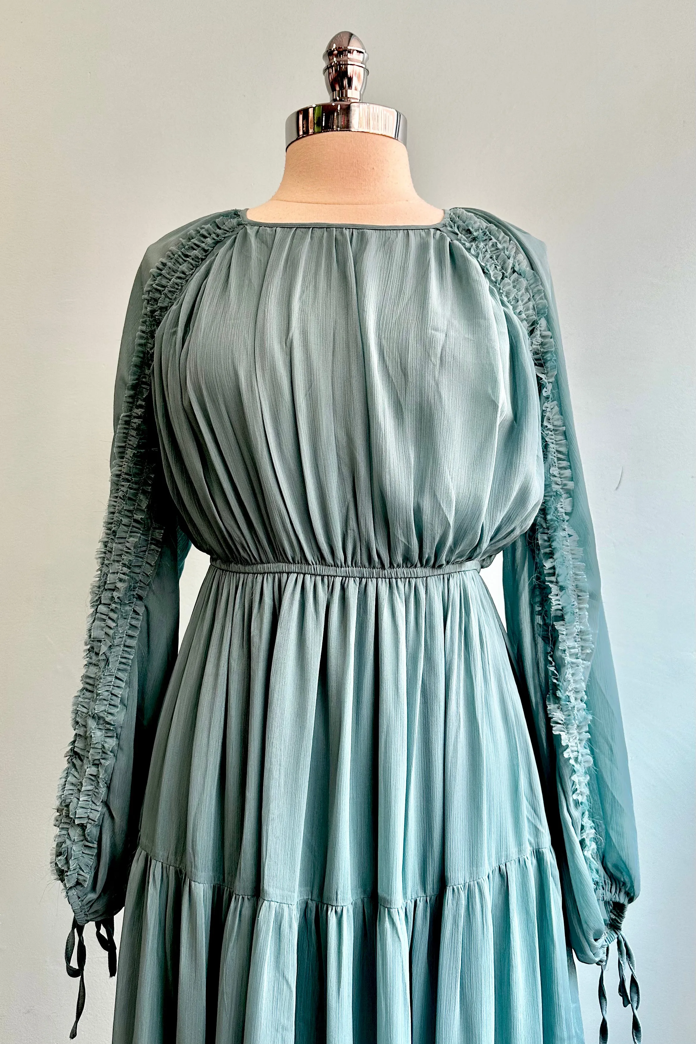 Teal Blue Ruffle Sleeve Chiffon Midi Dress