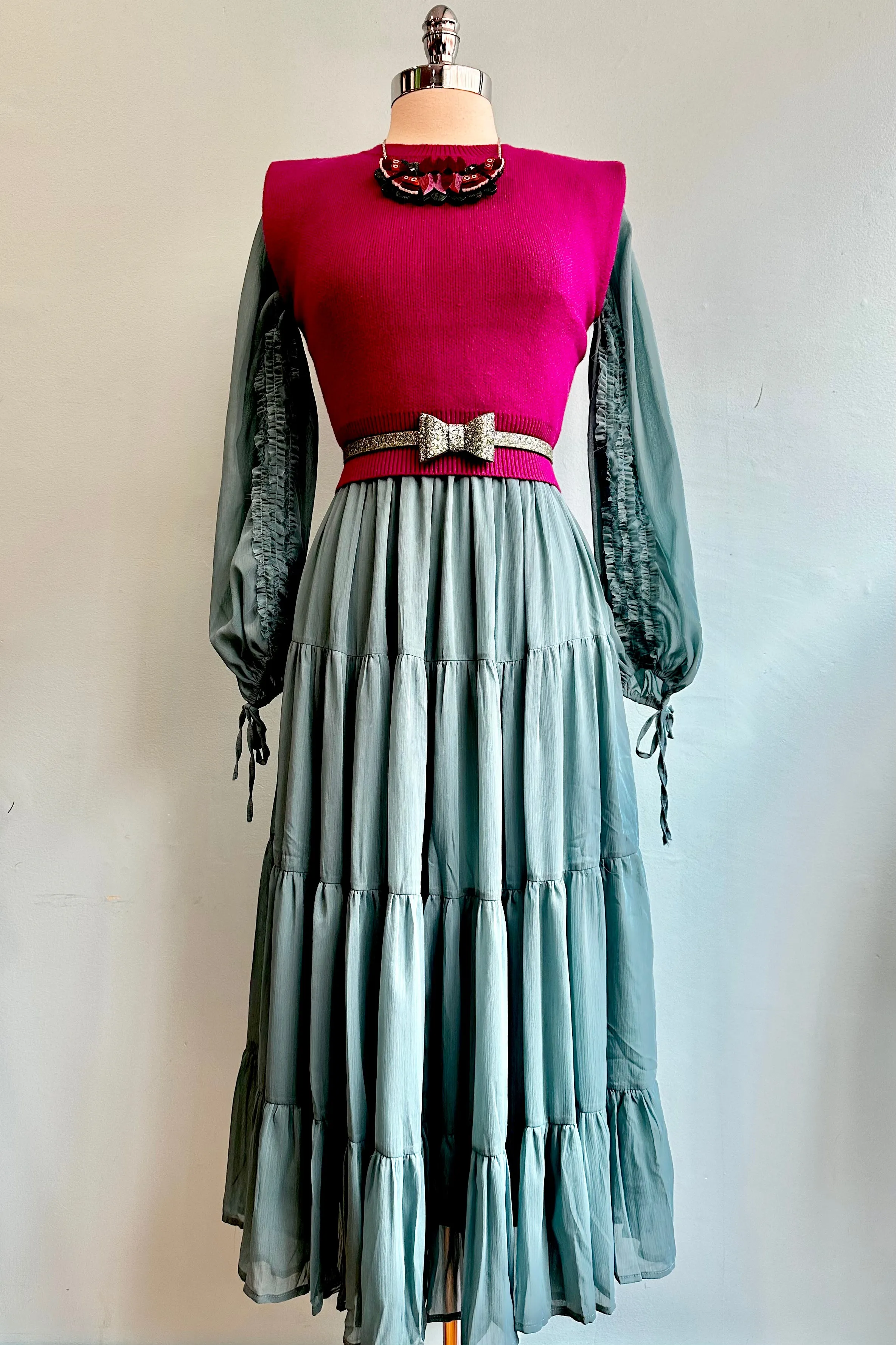 Teal Blue Ruffle Sleeve Chiffon Midi Dress
