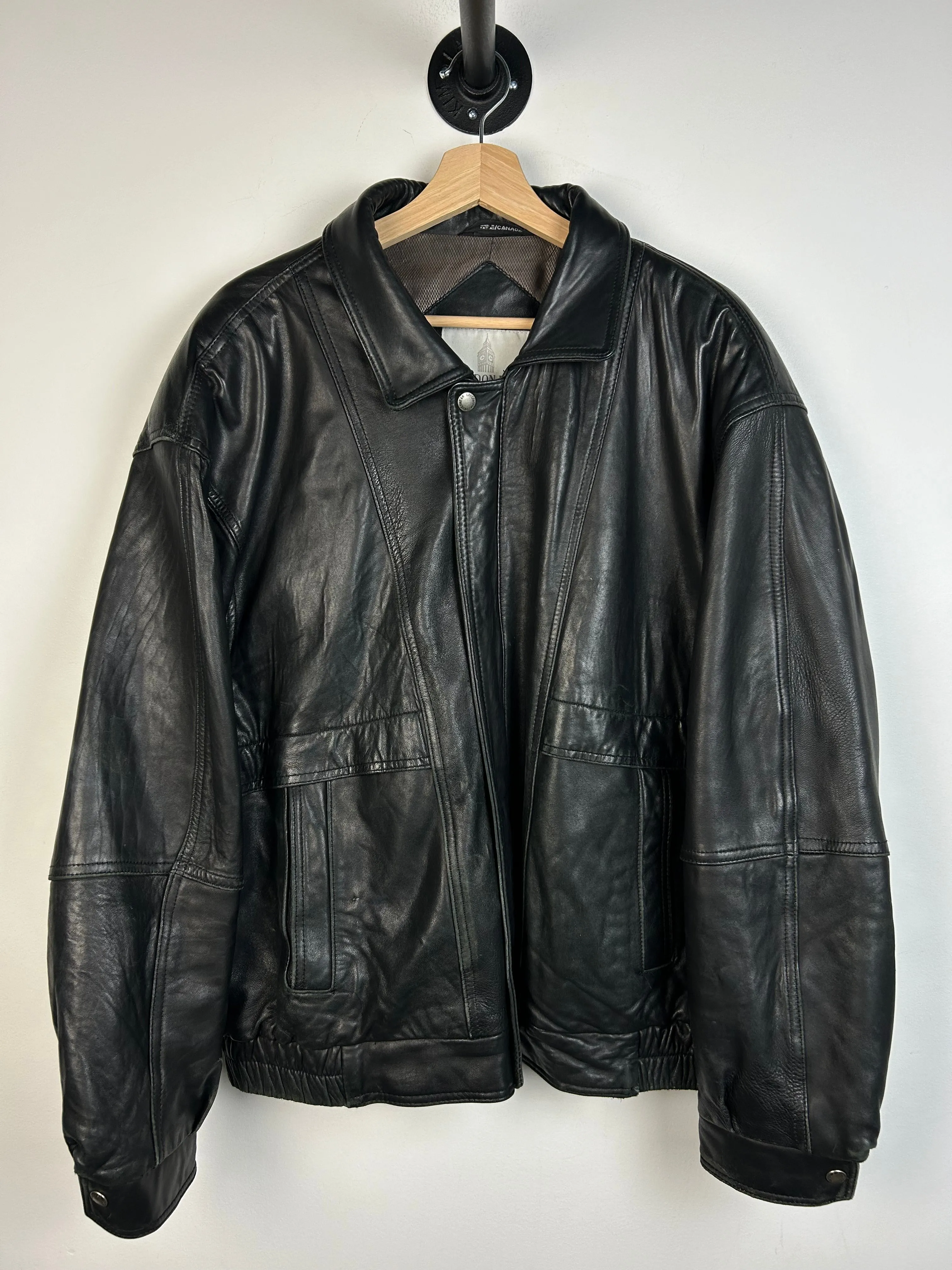 Vintage 90s London Fog Black Leather Cropped Bomber Jacket